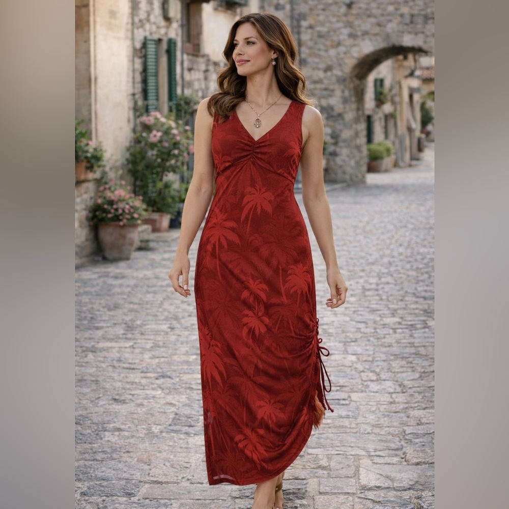 Maxi Dress w/adjustable side NWT soft & textured red black palms no wrinkles!